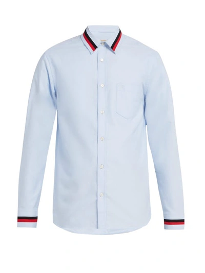 Burberry Men's Harry Long-sleeve Sport Shirt With Striped Trim In Blue