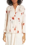 Vince Tossed Poppy 3/4-sleeve Pleated Blouse In Pale Blush