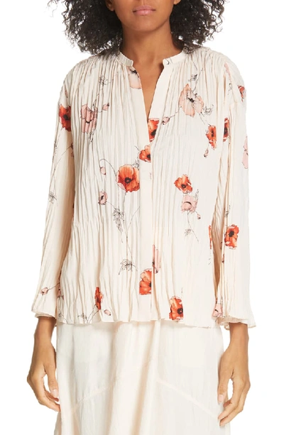 Vince Tossed Poppy 3/4-sleeve Pleated Blouse In Pale Blush