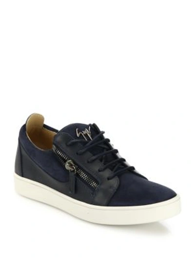 Giuseppe Zanotti Zippered Suede & Leather Low-top Sneakers In Navy