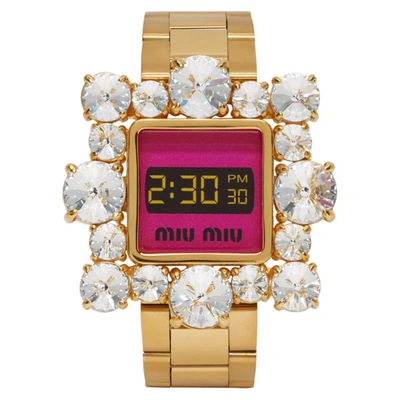 Miu Miu Gold & Pink Crystal Watch Bracelet In Oro Fuxia|metallico
