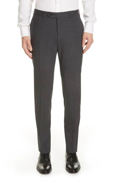 Canali Flat Front Classic Fit Solid Stretch Wool Dress Trousers In Grey