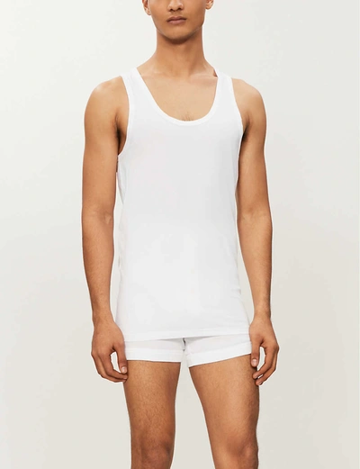 Hanro Mens White Cotton Superior Cotton-blend Vest Top