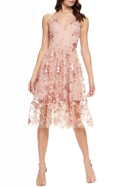Dress The Population Ally 3d Floral Mesh Cocktail Dress In Dusty Pink