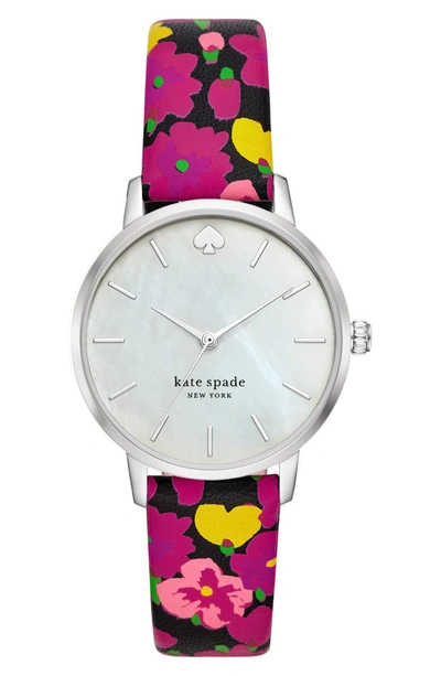 Kate Spade Metro Floral Leather Strap Watch, 34mm In Pink Floral/ Mop/ Silver