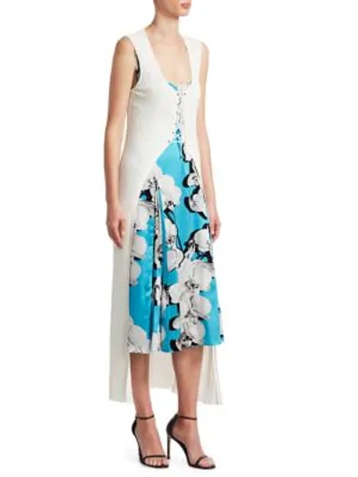 Roberto Cavalli Orchid Print Dress With Knit Cardigan In Blue White
