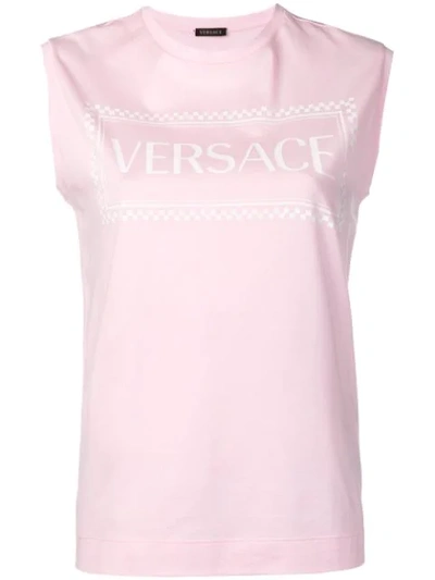 Versace Embroidered Logo Tank Top Pink & White In Pink/white