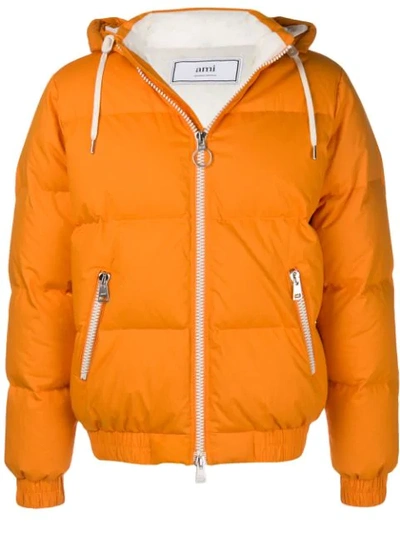 Ami Alexandre Mattiussi Quilted Cotton Hooded Puffer Jacket In Orange