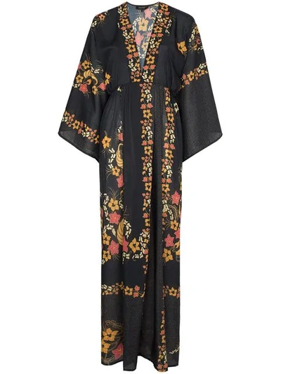 Celia Dragouni Floral Print Kimono Sleeve Maxi Dress In Black