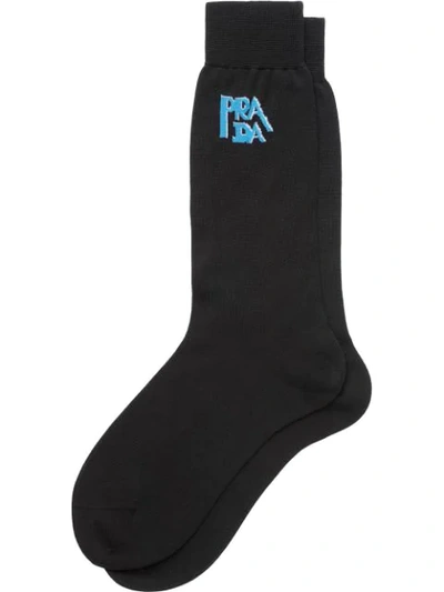 Prada Logo Intarsia Fine Knit Socks In Black