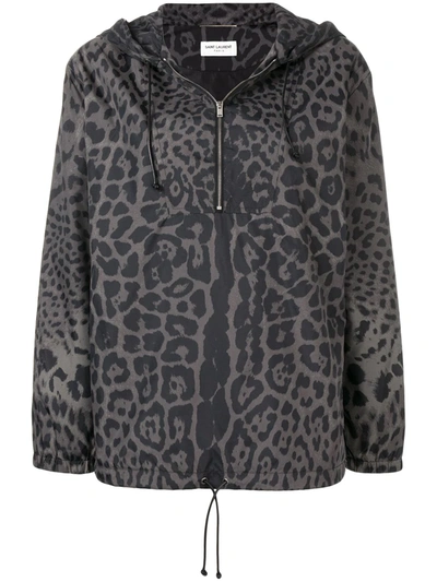 Saint Laurent Leopard Print Hooded Bomber In Grey