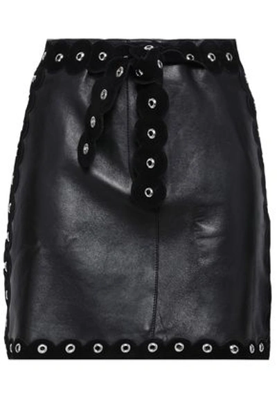 Maje Woman Eyelet-embellished Suede-trimmed Leather Mini Skirt Black In Black