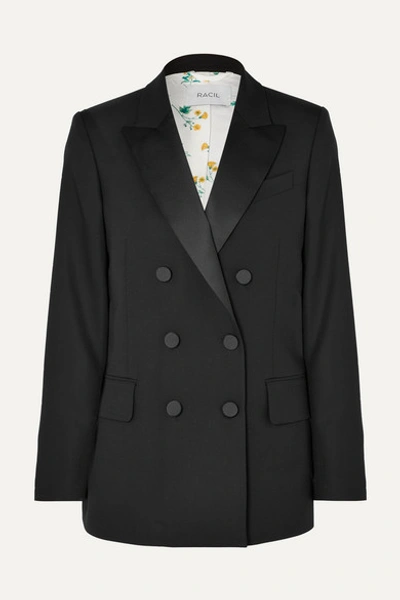 Racil Casablanca Double-breasted Satin-trimmed Wool Blazer In Black
