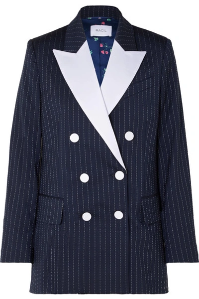 Racil Casablanca Double-breasted Satin-trimmed Striped Wool-blend Crepe Blazer In Midnight Blue