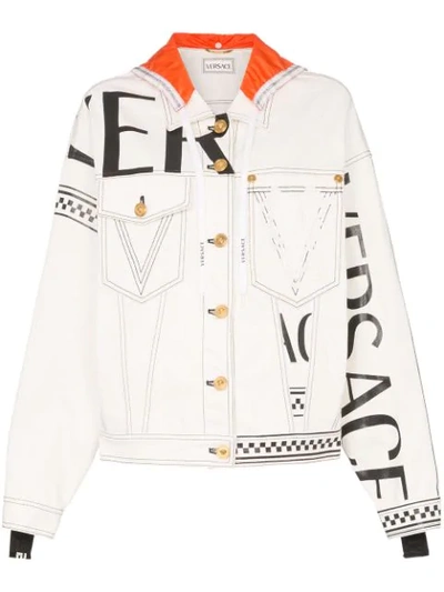 Versace Logo Print Hooded Denim Jacket In A8407 Bianco Arancio