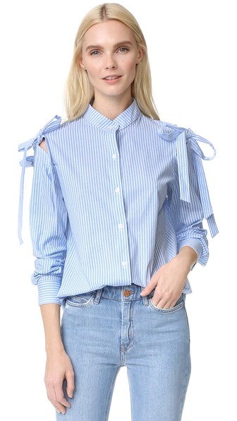 Clu Open Shoulder Shirt With Bow In Blue Stripe | ModeSens