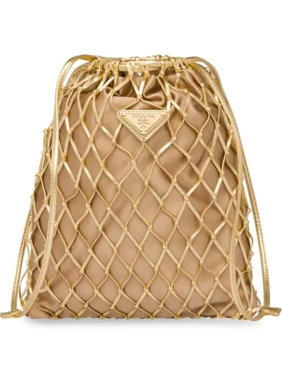 Prada Macramé Leather And Satin Bucket Bag In Gold
