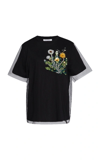 Oscar De La Renta Short-sleeve Crewneck T-shirt W/ Tulle & Floral Embellishment In Black