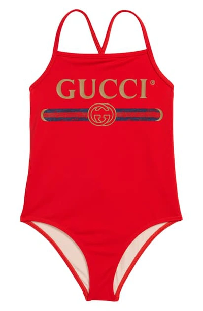 Gucci Kids' One-piece Logo Swimsuit In Candy Apple