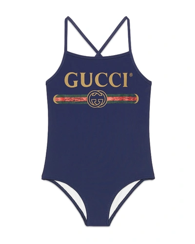 Gucci Kids' One-piece Logo Swimsuit In Blue