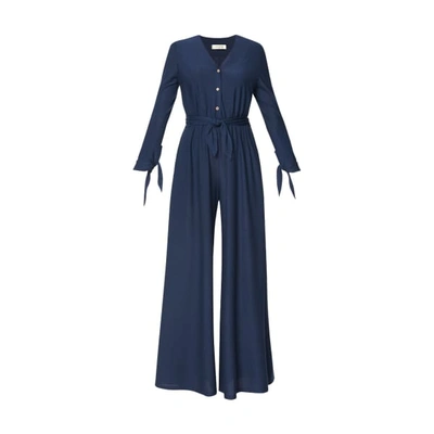 Paisie V Neck Jumpsuit With Button Front & Wrap Belt In Navy