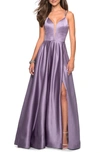 La Femme V-neck Sleeveless Strappy-back Satin Gown W/ Thigh Slit In Purple