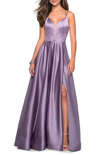 La Femme V-neck Sleeveless Strappy-back Satin Gown W/ Thigh Slit In Purple