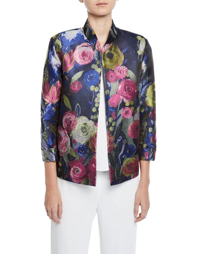 Caroline Rose Plus Size Garden Variety 3/4-sleeve Floral Jacquard Jacket In Multiblack
