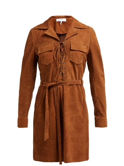 Frame Lace-up Suede Long-sleeve Shirtdress In Terracotta