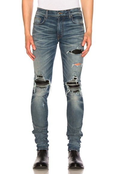 Amiri Mx1 Distressed Leather-panel Slim-leg Jeans In Blue | ModeSens