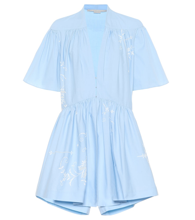 Stella Mccartney Gathered Embroidered Cotton-poplin Playsuit In Light Blue