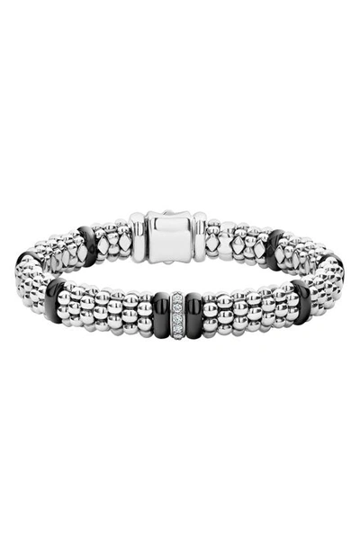 Lagos Sterling Silver Black Caviar Rope Bracelet With Diamonds & Black Ceramic In Black/silver