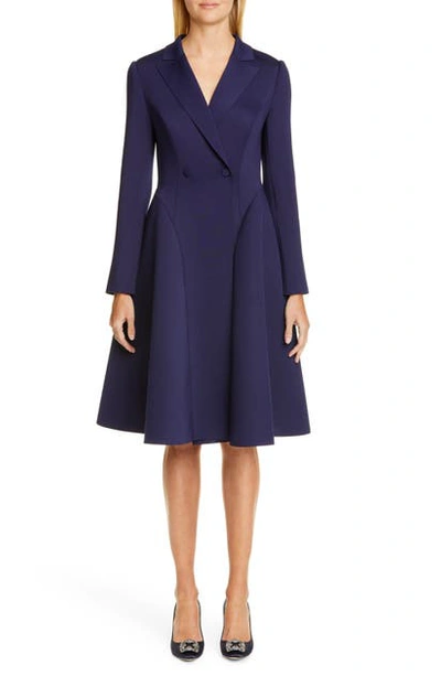 Badgley Mischka Long-sleeve Double-breasted Fit-&-flare Scuba Coat Dress In Sapphire
