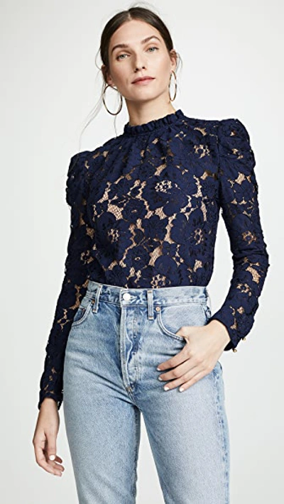 Wayf Erica Puff Sleeve Lace Blouse In Navy Lace