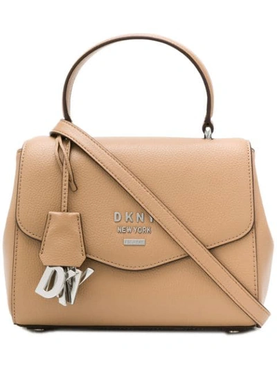 Dkny Logo Charm Tote In Brown