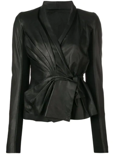 Rick Owens Pleated Leather Wrap Jacket In Black