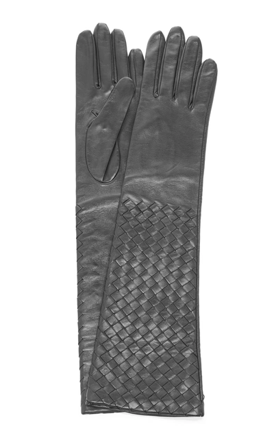 Bottega Veneta Long Woven Leather Gloves In Black