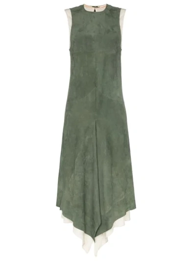 Chloé Crewneck Sleeveless Suede Midi Dress W/ Poplin Combo In Green