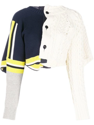 Sacai Cropped Patchwork Cardigan In White