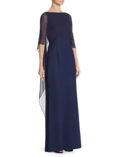 Teri Jon Scuba Gown Chiffon Overlay Dress In Navy