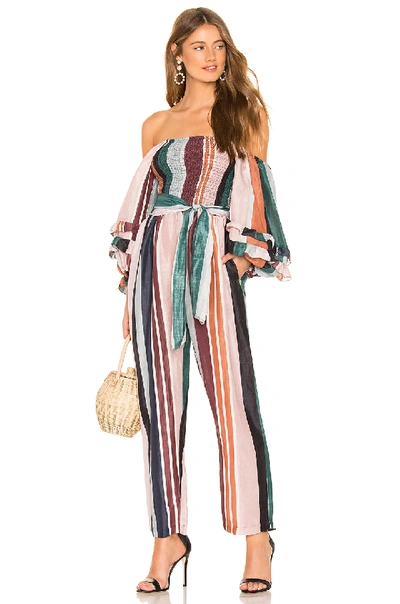 Apiece Apart Lagunitas Smocked Off Shoulder Jumpsuit In Alhambra Stripe