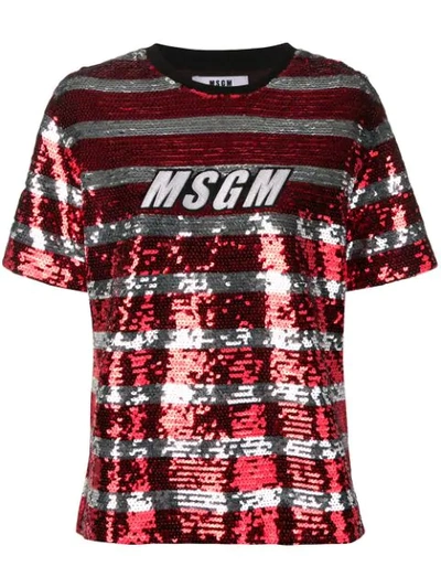 Msgm Sequined Logo T-shirt In Red