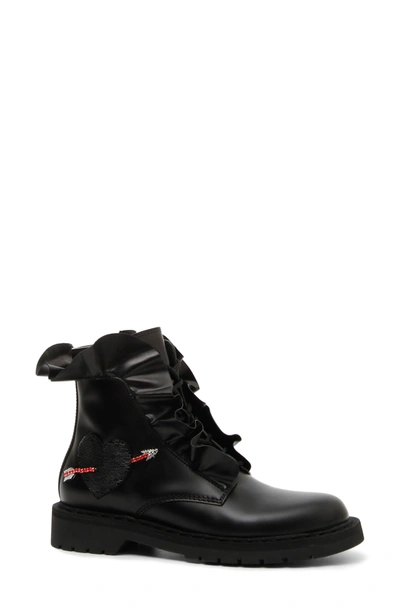 Valentino Garavani Love Calf Leather Combat Boot With Ruffles & Heart In No Nero