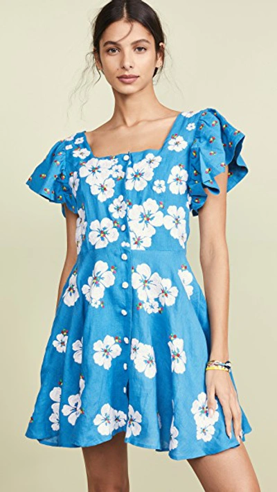 All Things Mochi Kay Floral-print Linen Mini Dress In Blue