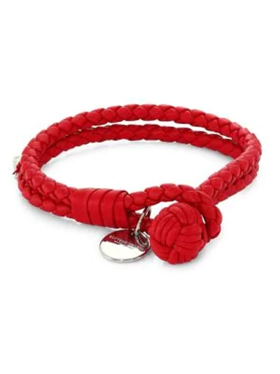 Bottega Veneta Leather Knot Logo Bracelet In Red