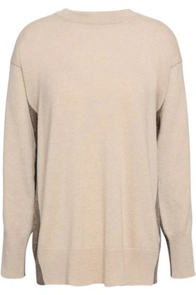 Agnona Woman Leather-trimmed Two-tone Cashmere Sweater Neutral