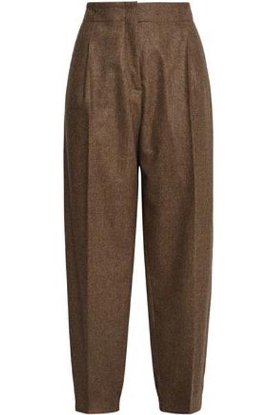 Agnona Woman Pleated Mélange Wool-blend Tapered Pants Brown