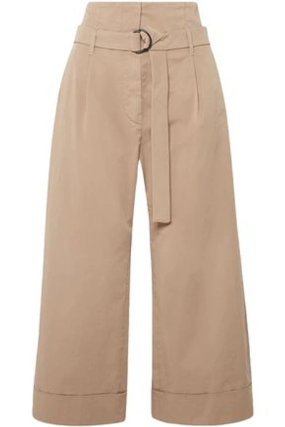 Brunello Cucinelli Cropped Belted Stretch-cotton Poplin Wide-leg Pants In Beige