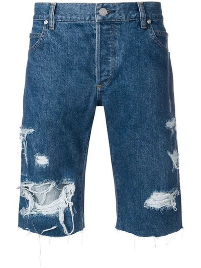 Balmain Slim-fit Logo-embroidered Distressed Denim Shorts In Blue
