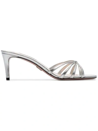 Prada Silver Metallic 65 Criss-cross Strap Leather Mule Sandals